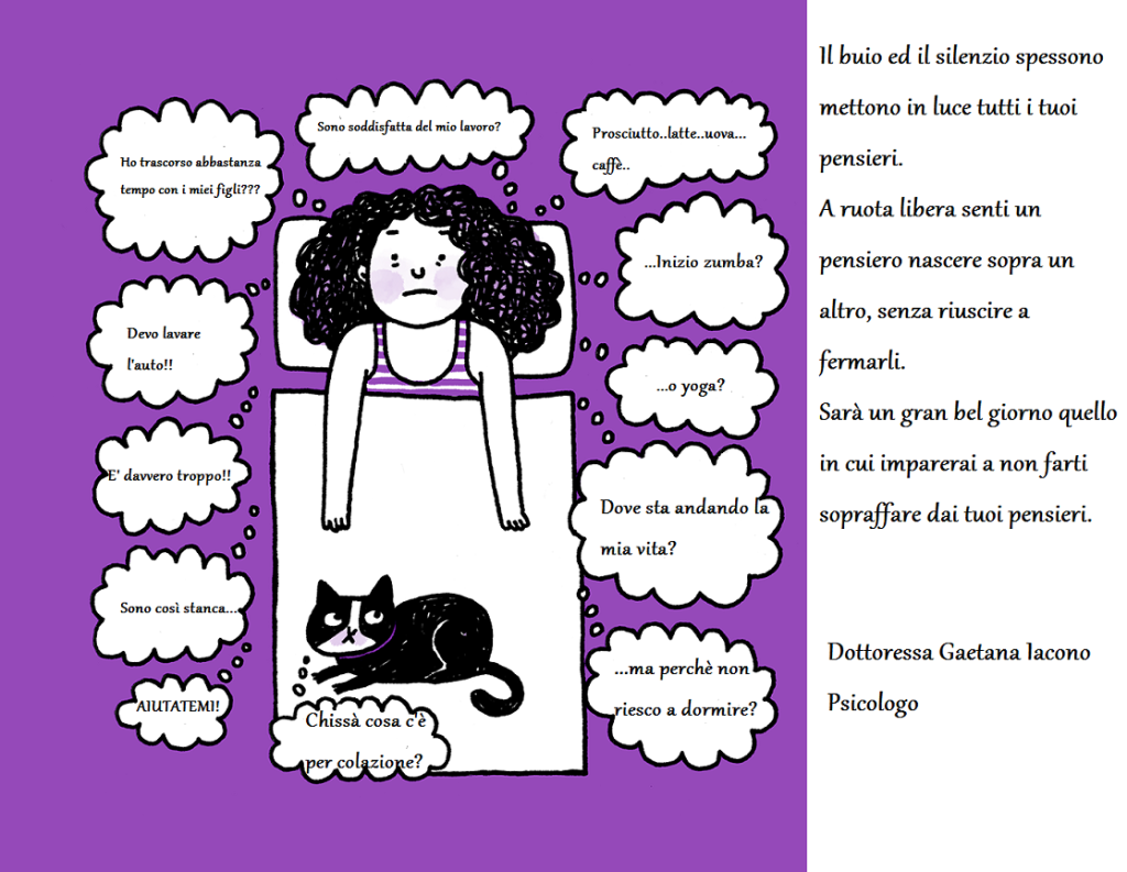 fumetto con donna che ha tanti pensieri nella testa